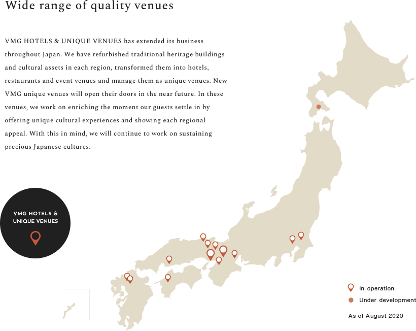 An illustration showing a VMG Hotels & Unique Venues facility in operation and under development with a pin on a map of Japan