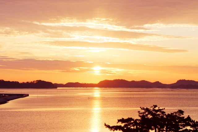 沈む夕陽と海の景色