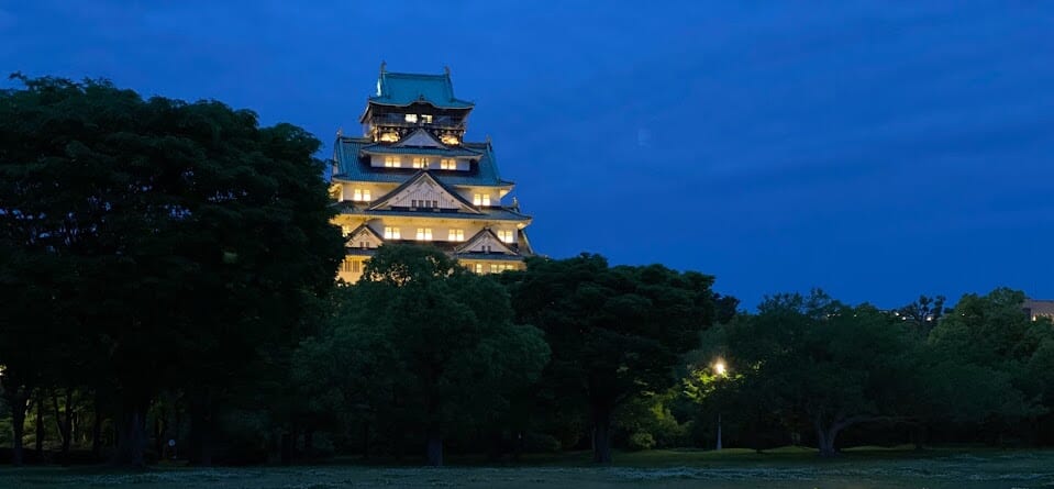 西の丸庭園から見る大阪城ライトアップの様子